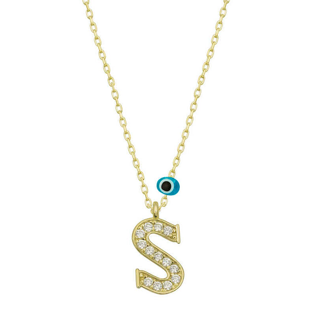 Gold-Tone Initial S Letter Necklace with Sparkling CZ and Evil Eye Charm