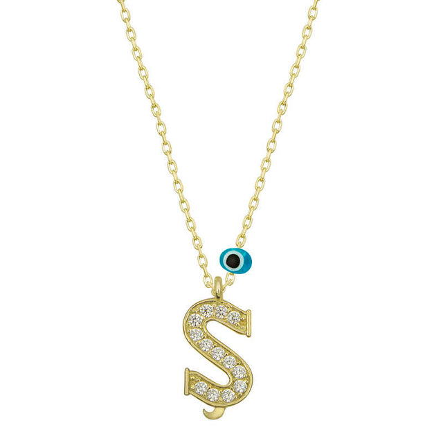 Gold-Plated Sterling Silver Initial S Necklace with Evil Eye