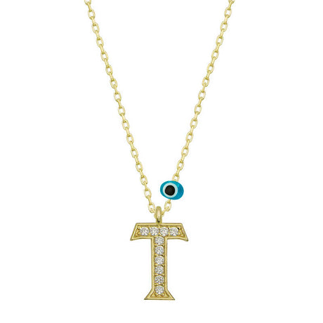 Gold-Tone Initial 'T' Necklace - Dainty Zirconia & Evil Eye Charm