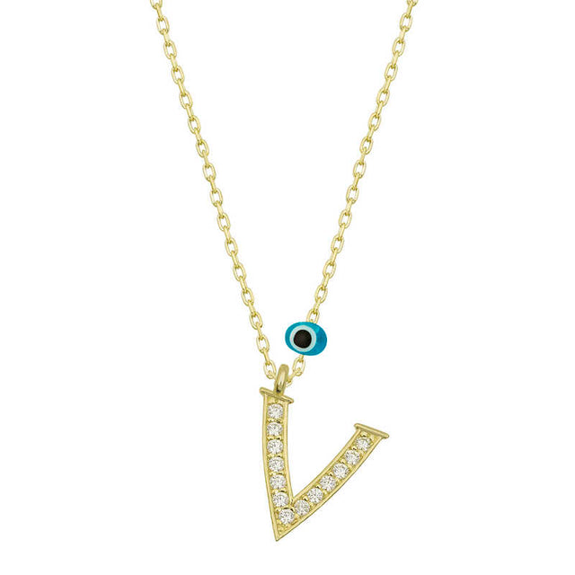 Gold-Tone V Initial Necklace - Sparkling Pave & Evil Eye Charm