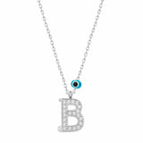 Sterling Silver Initial B Necklace - Cubic Zirconia & Evil Eye Charm