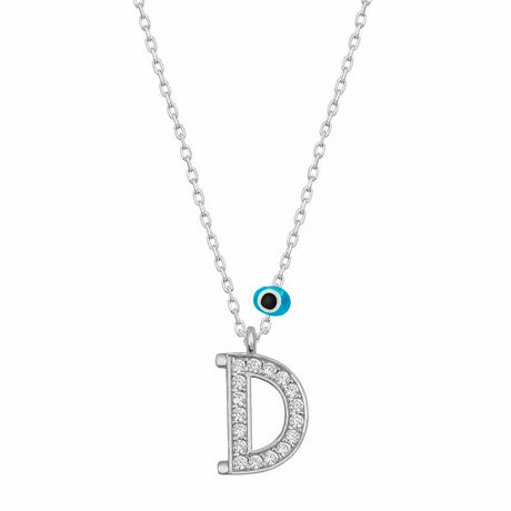 Sterling Silver Rhodium Plated Initial D Evil Eye Necklace