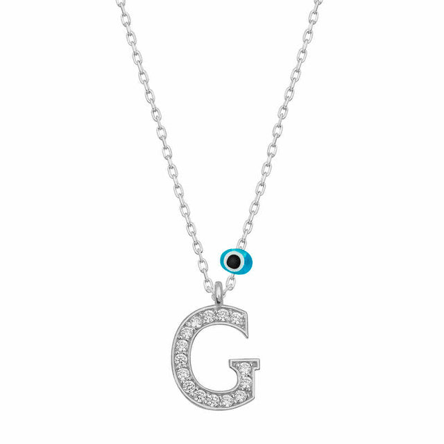 Rhodium Plated Sterling Silver G Initial Necklace with Evil Eye Charm