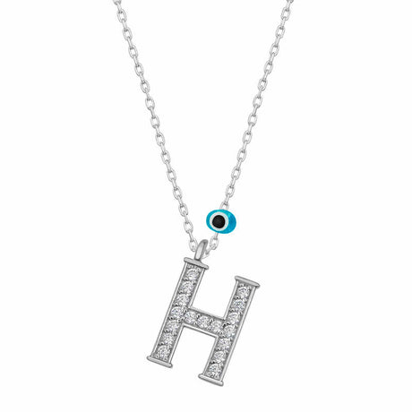 Rhodium Plated Sterling Silver H Initial Necklace with Evil Eye Charm
