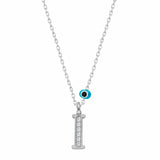 Sterling Silver I Initial Necklace - Pave CZ & Evil Eye Charm