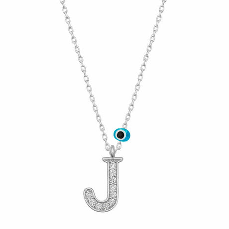 Sterling Silver Initial J Necklace with Evil Eye & CZ Stones