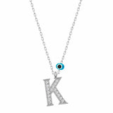 Sterling Silver Initial K Necklace - Sparkling Cubic Zirconia & Evil Eye