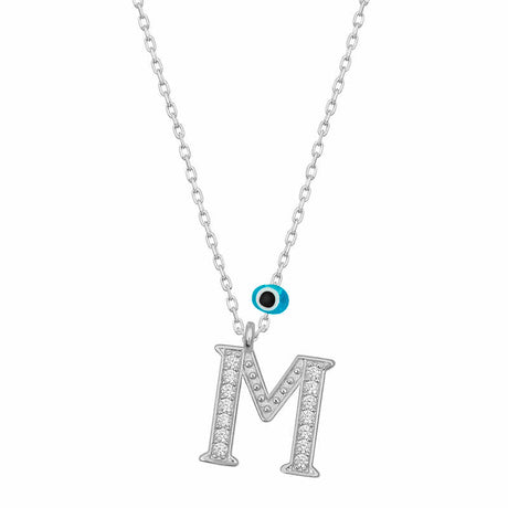 Sterling Silver M Initial Necklace - Rhodium Plated with Pave CZ & Evil Eye