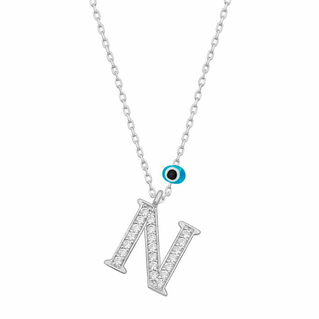 Sterling Silver Initial N Necklace - Dazzling Stones & Evil Eye Charm
