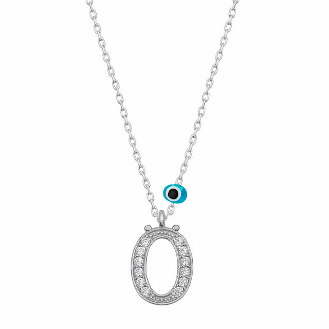 Sterling Silver Letter O Initial Necklace with Evil Eye Charm