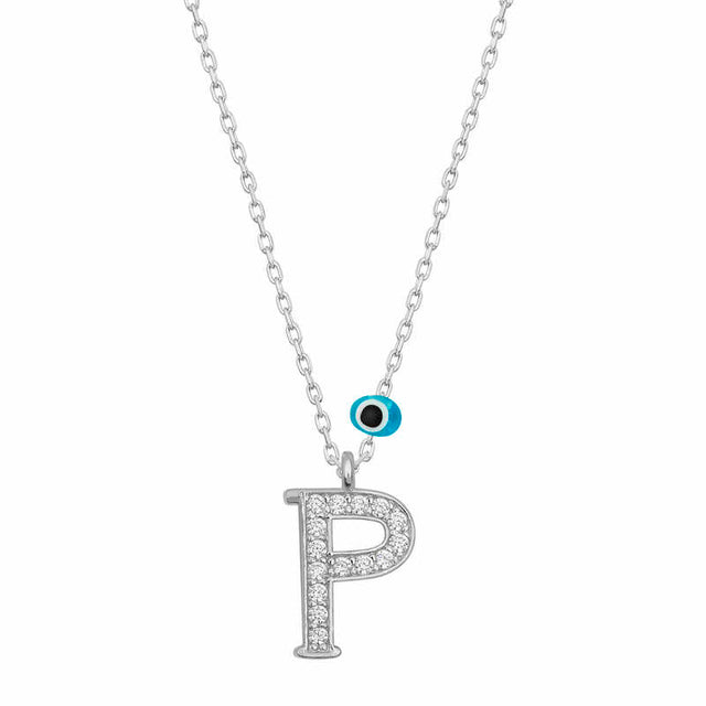 Sterling Silver P Initial Necklace - Rhodium Plated & Evil Eye