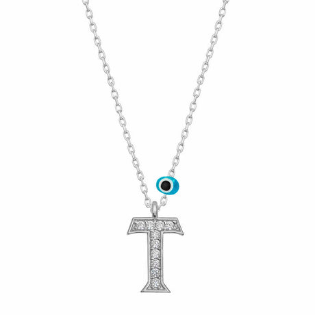 Sterling Silver Letter T Necklace - CZ Initial & Evil Eye Charm