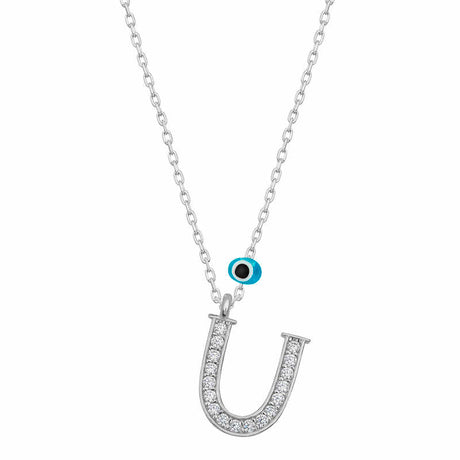 Sterling Silver Initial 'U' Necklace with Cubic Zirconia & Evil Eye