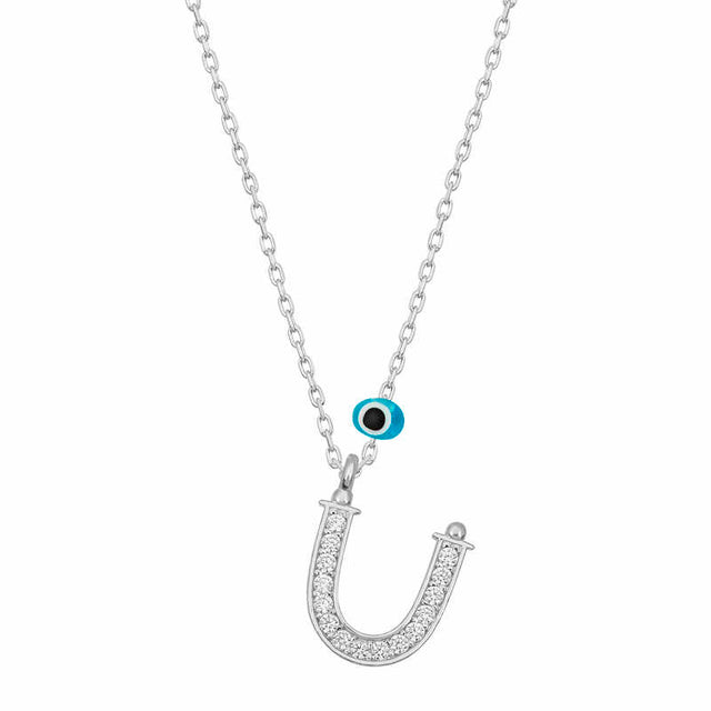 Sterling Silver Initial U Necklace - Cubic Zirconia & Evil Eye Charm