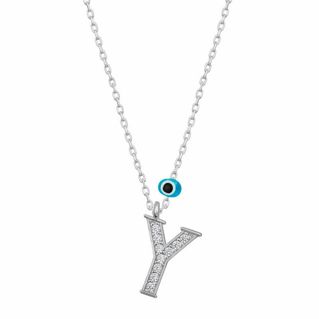 Sterling Silver Cubic Zirconia Y Letter Necklace with Evil Eye
