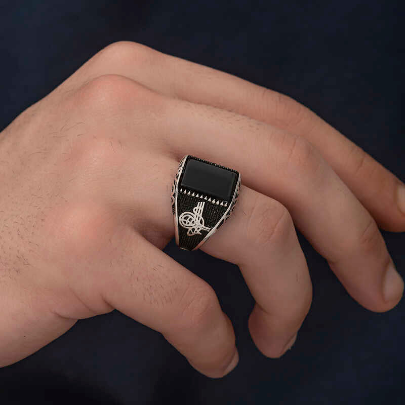 Premium Men's Sterling Silver Onyx Tughra Ring