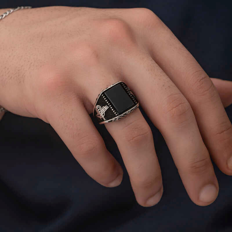 Premium Men's Sterling Silver Onyx Tughra Ring