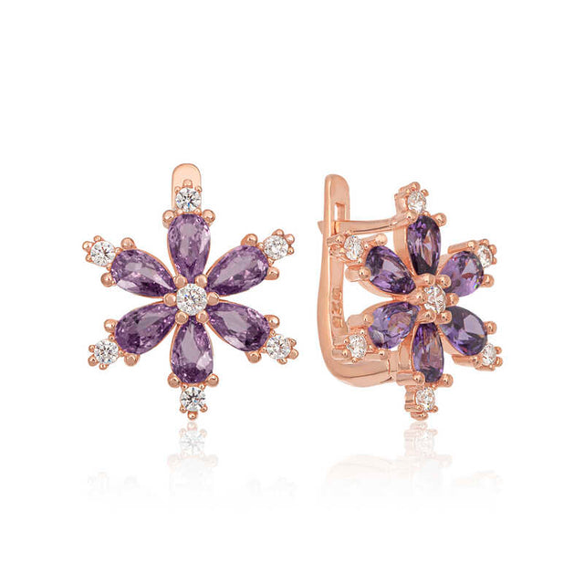 Earrings - Rose Gold Plated Sterling Silver Purple Zircon Floral Cluster