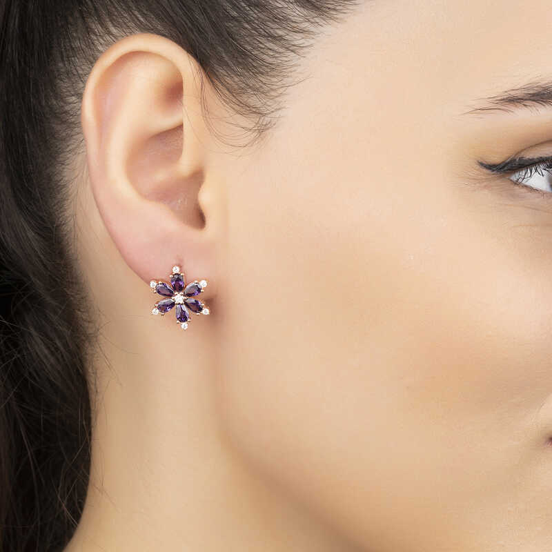 Earrings - Rose Gold Plated Sterling Silver Purple Zircon Floral Cluster