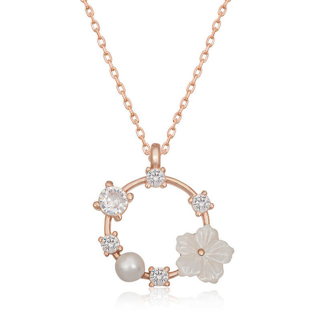 Necklace - Rose Gold Tone Floral Wreath with Pearl & Zirconia