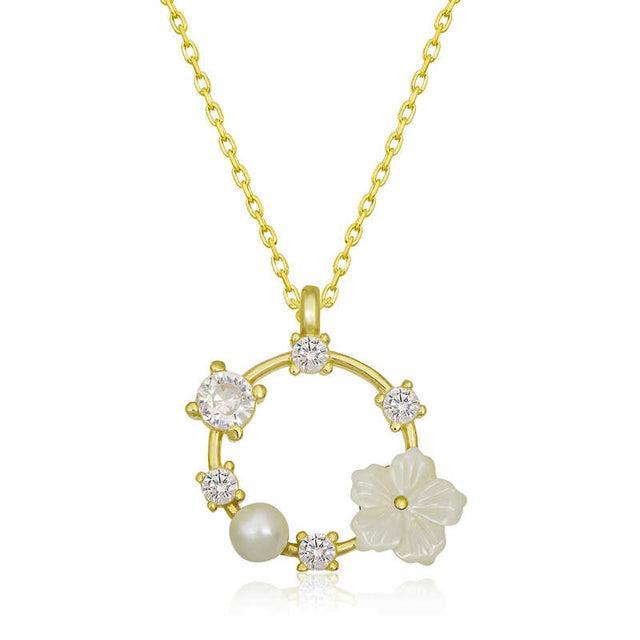 Gold-Tone Floral Wreath Necklace - Zirconia, Pearl & Mother-of-Pearl