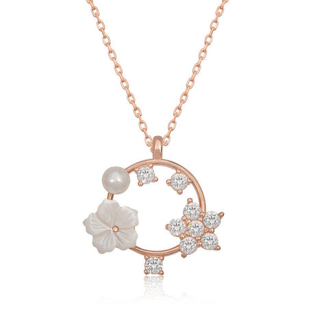 Rose Gold Plated Floral Pearl & CZ Dainty Necklace