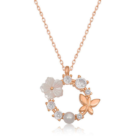 Necklace - Rose Gold Plated Sterling Silver Floral Butterfly Pendant