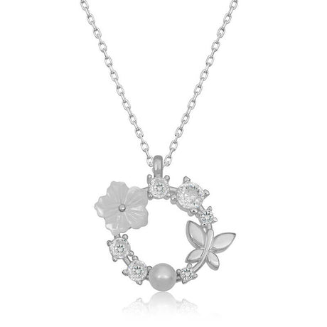 Necklace - Silver-Tone Floral Butterfly Wreath with Pearl & CZ