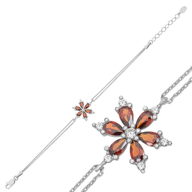 Sterling Silver Red Garnet Lotus Flower Bracelet - Elegant Floral Design