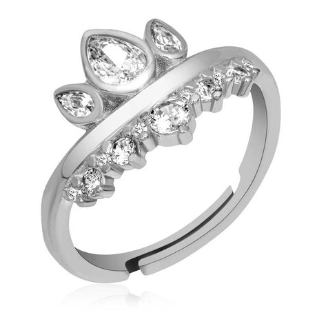 Adjustable Queen's Crown Ring - Silver with Sparkling Cubic Zirconia
