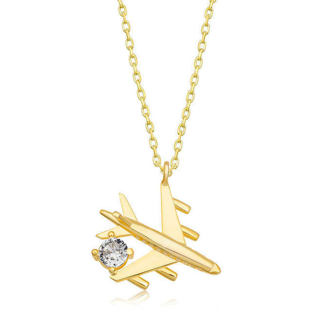 Gold-Tone Airplane Charm Necklace - Clear Stone Accent