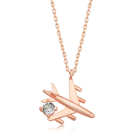 Necklace - Rose Gold Plated Sterling Silver Airplane with CZ