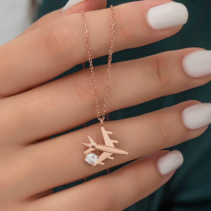 Necklace - Rose Gold Plated Sterling Silver Airplane with CZ