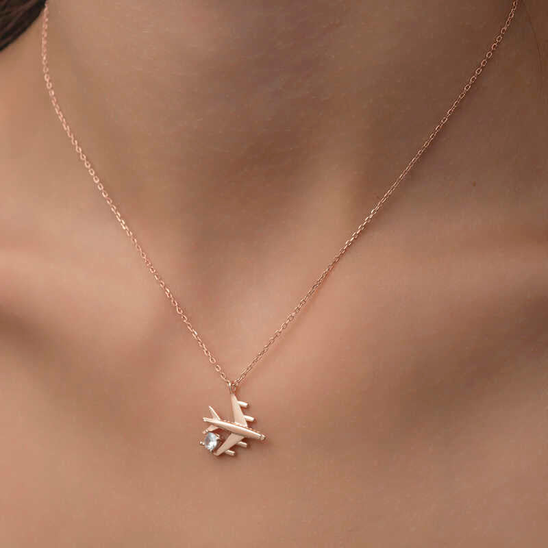Necklace - Rose Gold Plated Sterling Silver Airplane with CZ