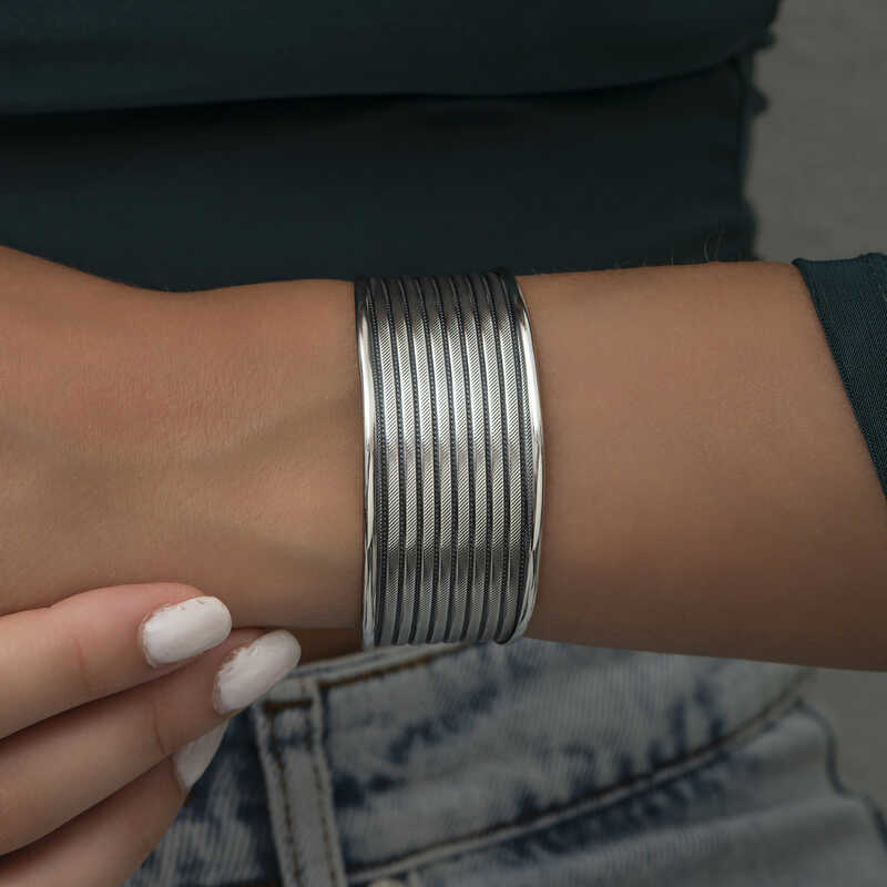 Sterling Silver Cuff Bracelet - Oxidized Multi-Strand Textured Design