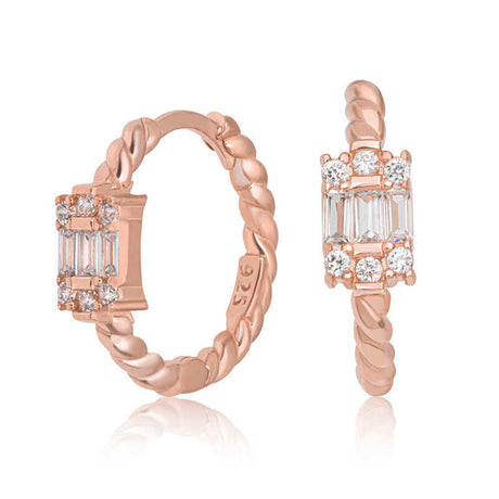 Rose Gold Plated Sterling Silver Twisted Hoop Earrings - Baguette & Round CZ