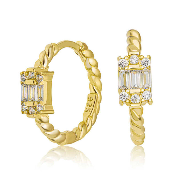 Gold Plated Huggie Hoop Earrings - Twisted Baguette & Round CZ Sterling Silver
