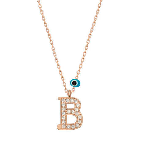 Rose Gold Plated Initial B Necklace - Cubic Zirconia Evil Eye Charm
