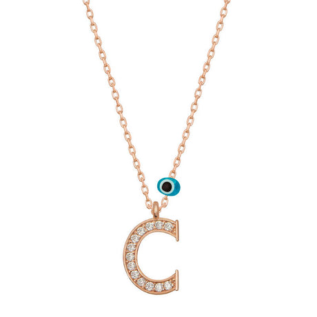 Rose Gold Plated Initial C Necklace - Dainty Evil Eye Charm