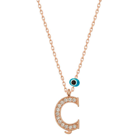 Rose Gold-Tone 'C' Initial Necklace with Zirconia & Evil Eye Charm