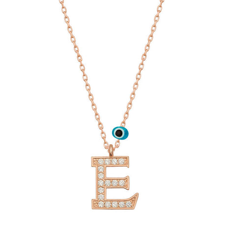 Rose Gold Tone Initial E Necklace - Sparkling Stones & Evil Eye Charm