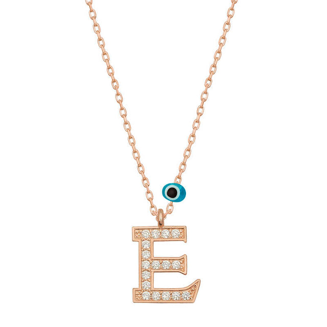 Rose Gold Tone Initial E Necklace - Sparkling Stones & Evil Eye Charm