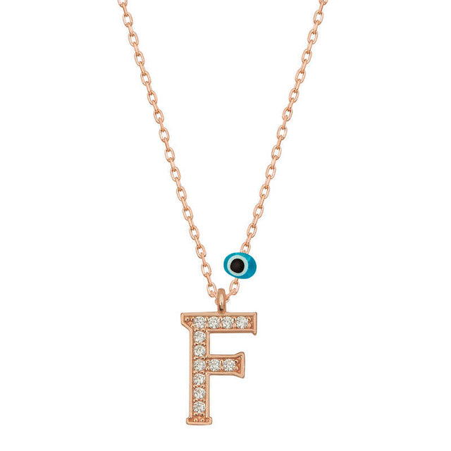 Rose Gold-Tone Cubic Zirconia Initial F Necklace with Evil Eye Charm