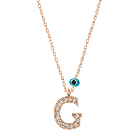 Initial Necklace - Rose Gold Plated 'G' Letter with Evil Eye Charm