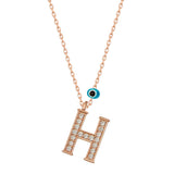Rose Gold Tone Initial H Necklace - Sparkling Stones & Evil Eye Charm