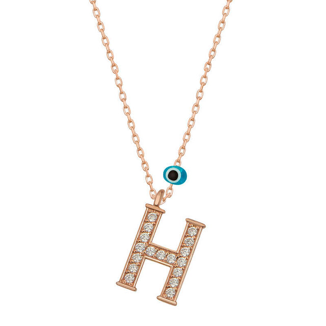 Rose Gold Tone Initial H Necklace - Sparkling Stones & Evil Eye Charm