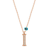 Initial Necklace - Rose Gold-Tone 'I' Letter with Sparkle & Evil Eye