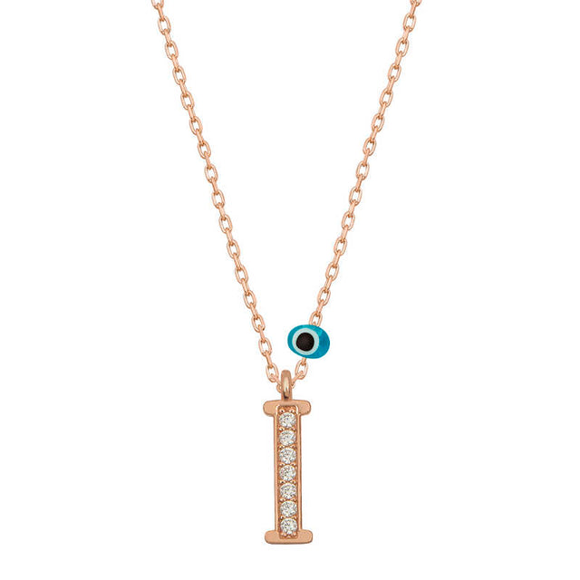 Initial Necklace - Rose Gold-Tone 'I' Letter with Sparkle & Evil Eye