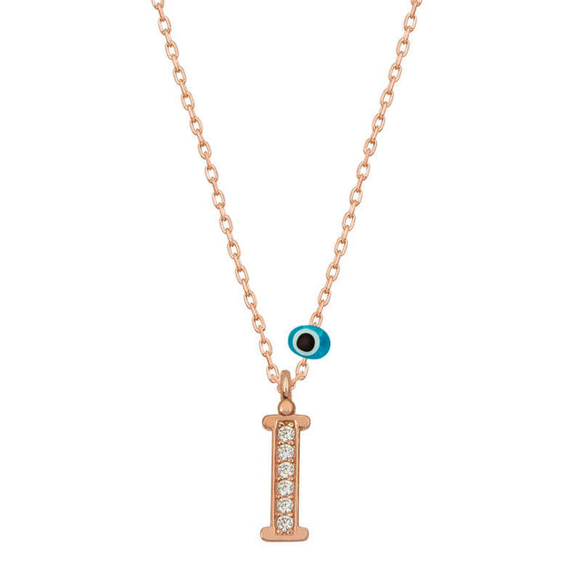 Rose Gold-Tone Initial 'I' Necklace - Evil Eye & Zirconia Charm