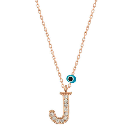 Rose Gold Plated J Initial Necklace - Dainty CZ & Evil Eye Charm